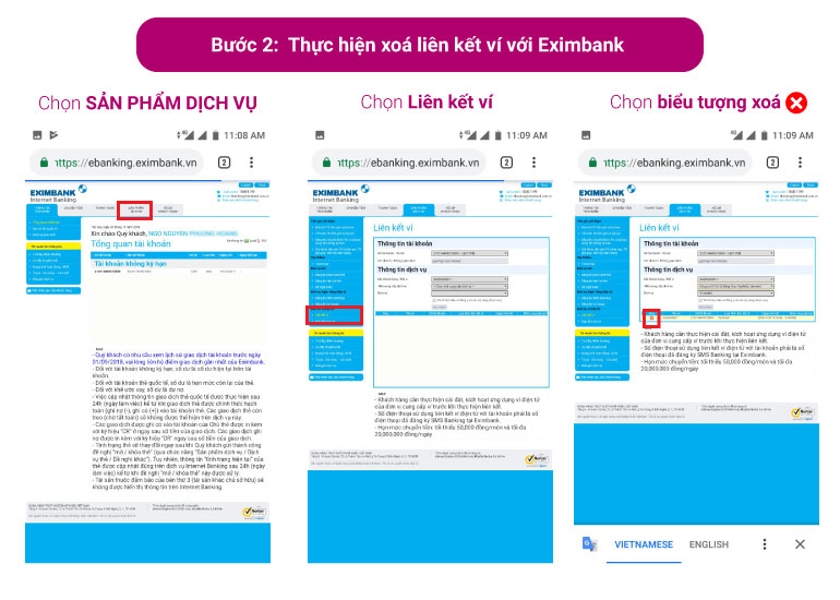 Thực hiện xoá liên kết ví với Eximbank