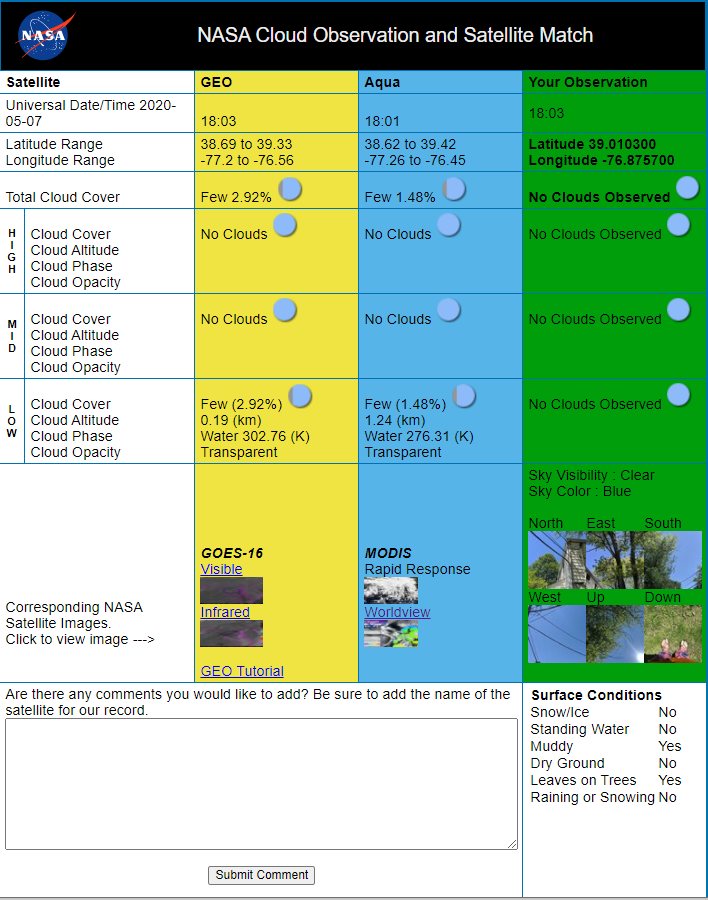 This image is of a table that has observations sent in by someone using the GLOBE Observer app and satellite reports. The person's data is in green, Aqua satellite data in blue, and geostationary satellite data in yellow.