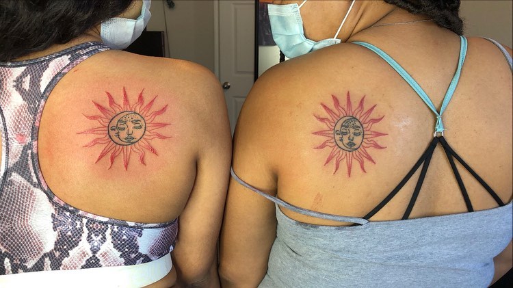 Matching Sun Tattoo On Back Shoulder