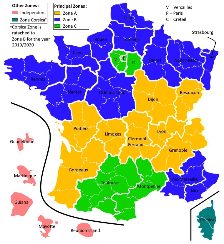 The different Académies and school zones in France