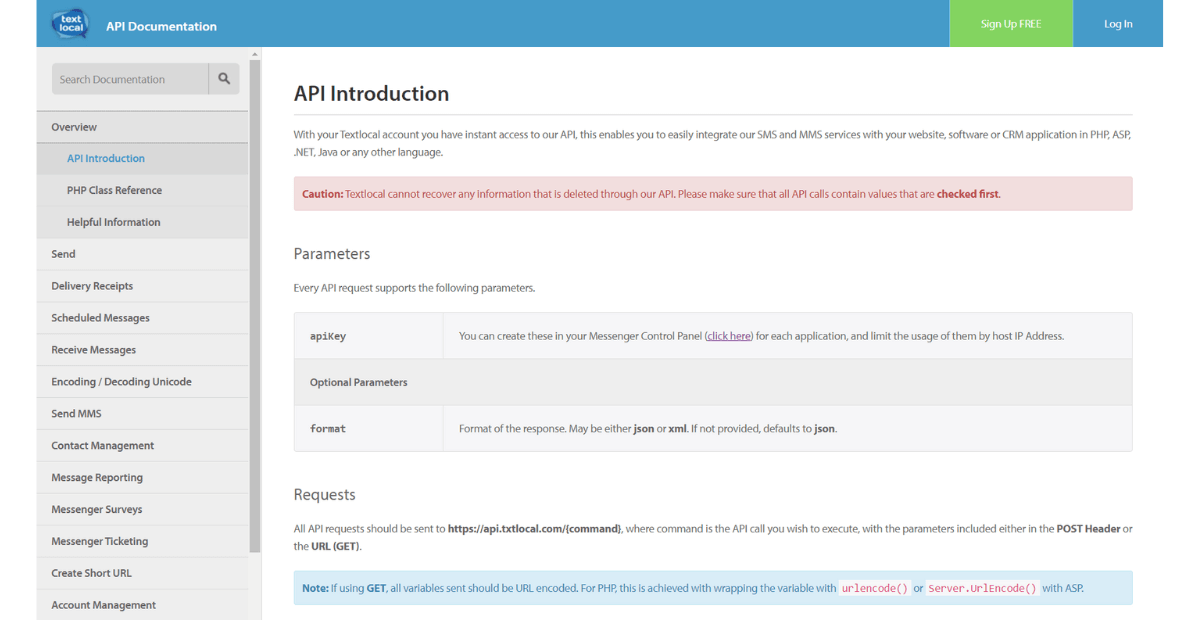 best SMS API in the UAE | TextLocal API documentation page