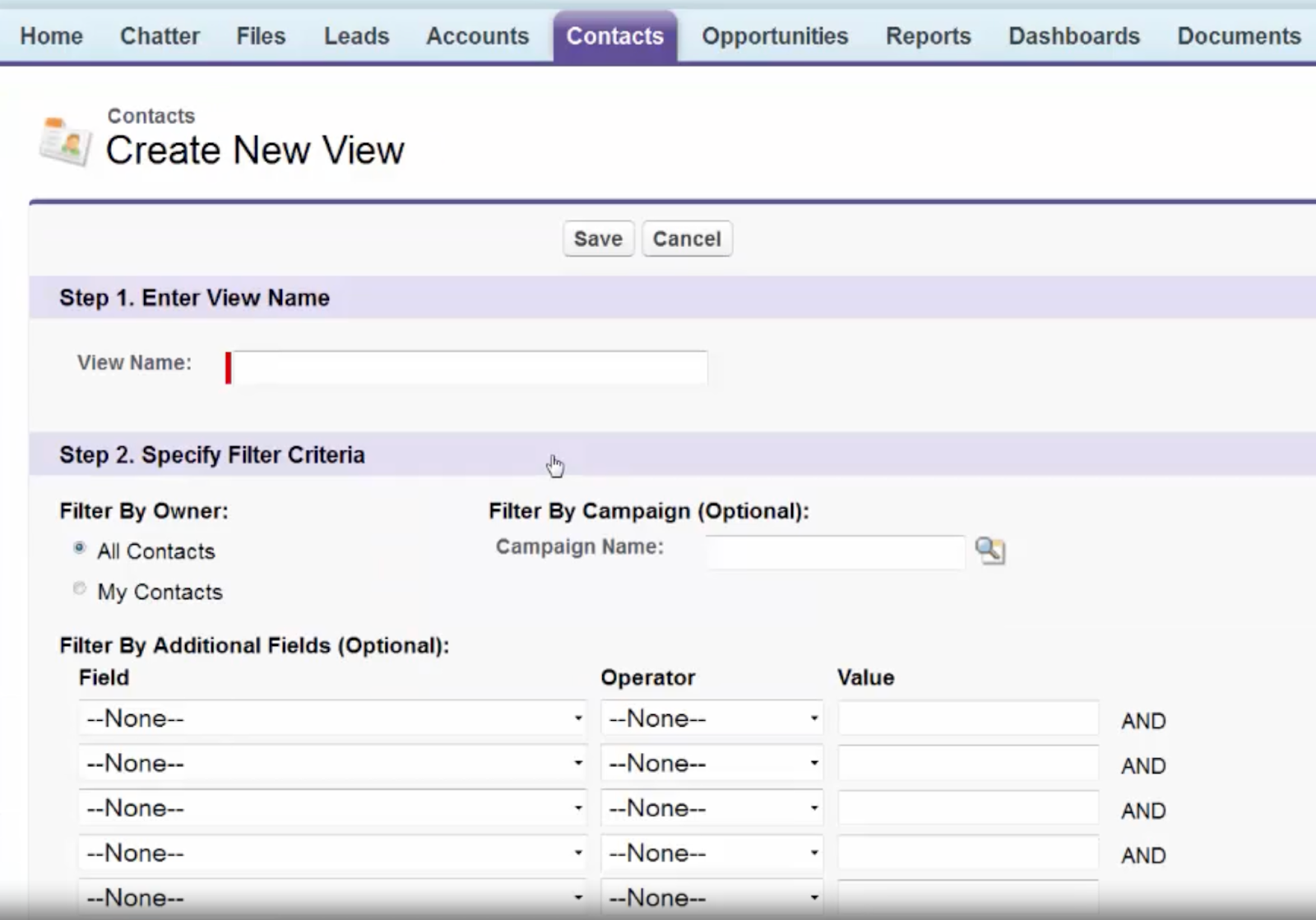 Salesforce create new view menu