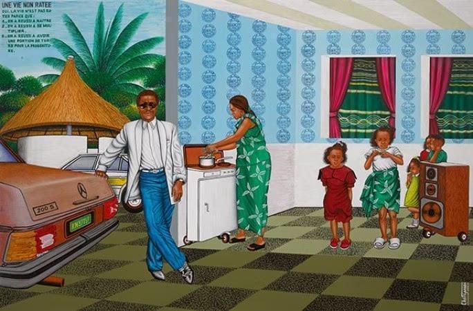 Scène banale d'une maison avec une mère en train de cuisiner et deux enfants, et juste à côté, un homme près de sa voiture.
