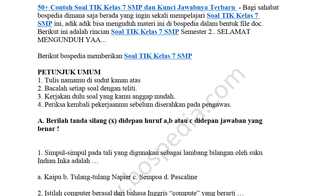 Contoh Soal Ujian Sekolah Tik Smp Dan Perangkatnya Beserta ...