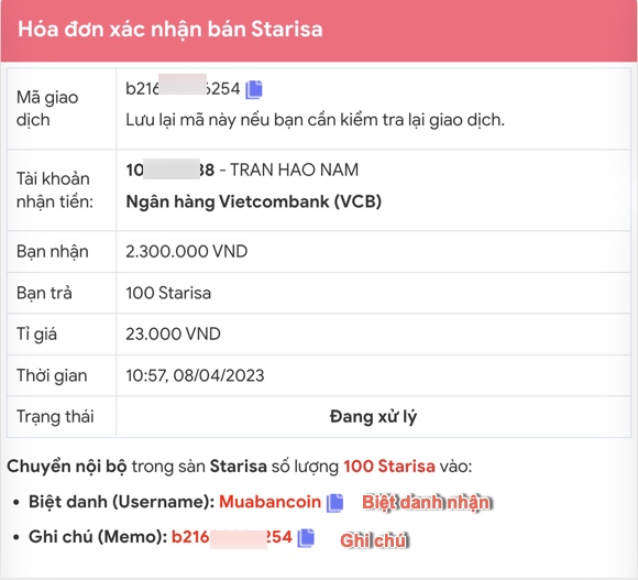 Chi tiết đơn hàng bán Starisa
