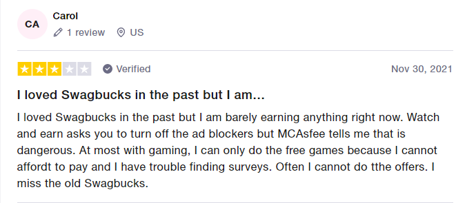 3-star Swagbucks review says they loved Swagbucks as it was before but they do enjoy the free games.