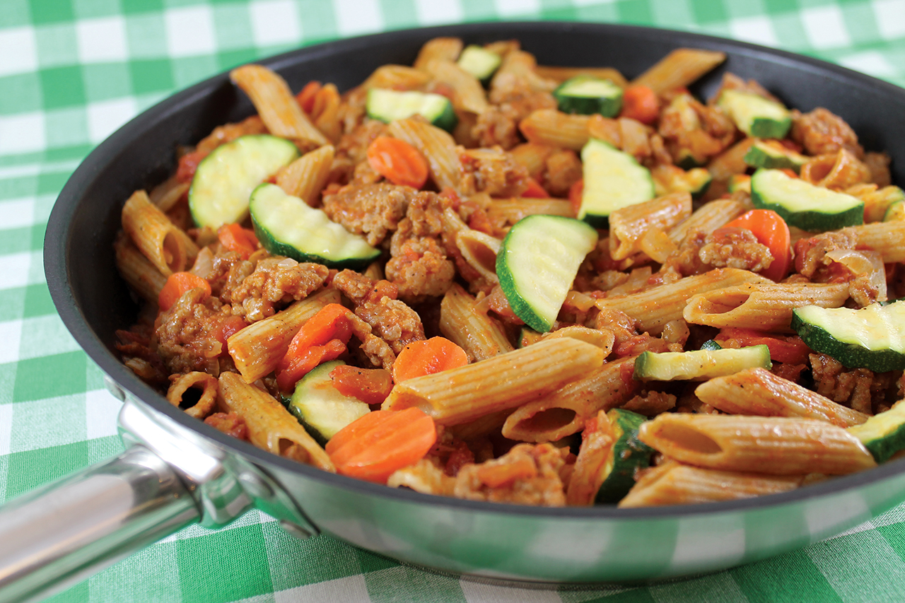 Pork and pasta skillet supper, plated.