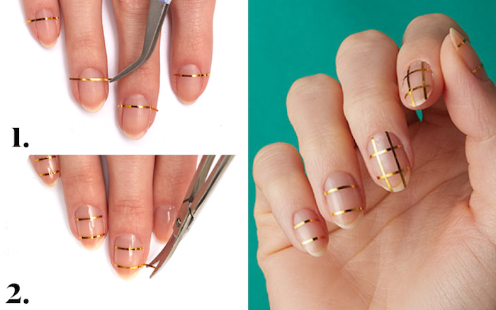 nailart bilder, spitze nägel, nagedesign mit goldenen streifen