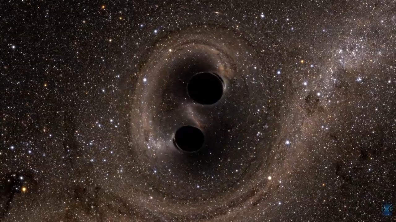 Computer simulation shows the collision of two black holes, as observed by LIGO.