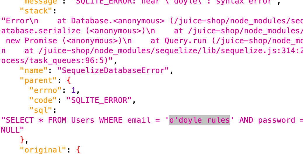 A section of an error response showing a SQL error, with the malformed query visible highlighting how o'doyle's apostrophe caused the string to be closed early, malforming the query.