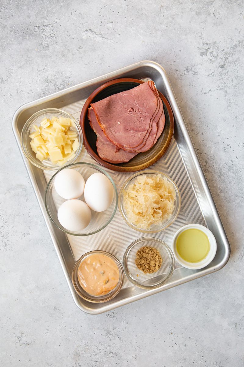 ingredients to make a decandent reuben omelette