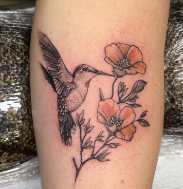 Humming Bird With California Poppy Tattoo