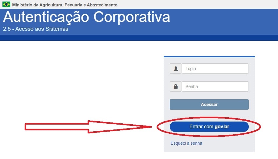 Realização do login no SIPEAGRO é realizados através do sistema gov.br