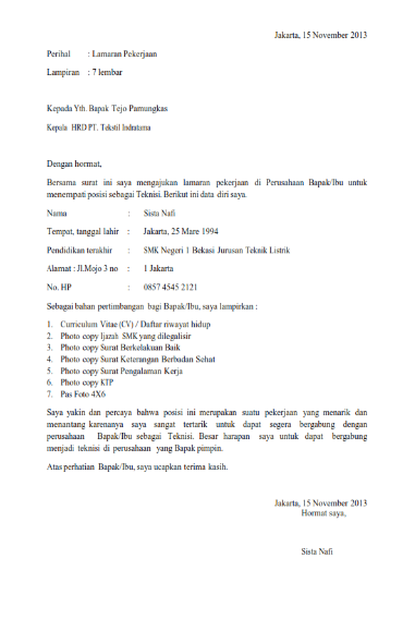 Contoh Surat Lamaran Kerja Fresh Graduate SMK