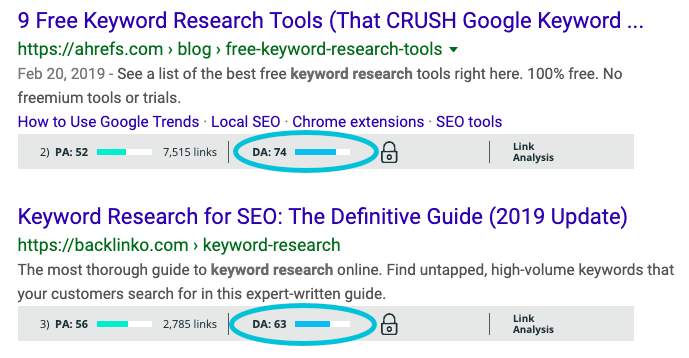 mozbar domain authority scores in search results