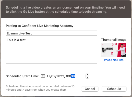 Setting up a scheduled broadcast on Facebook in Ecamm Live