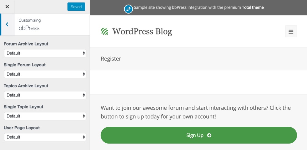 Opções do personalizador ao vivo do bbPress