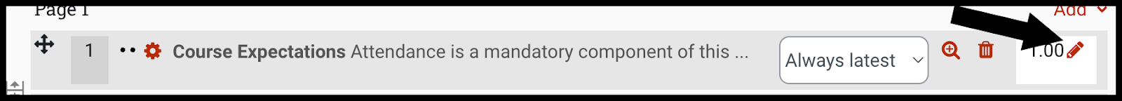 Arrow pointing to pencil icon next to the point value of a question in the quiz Questions page