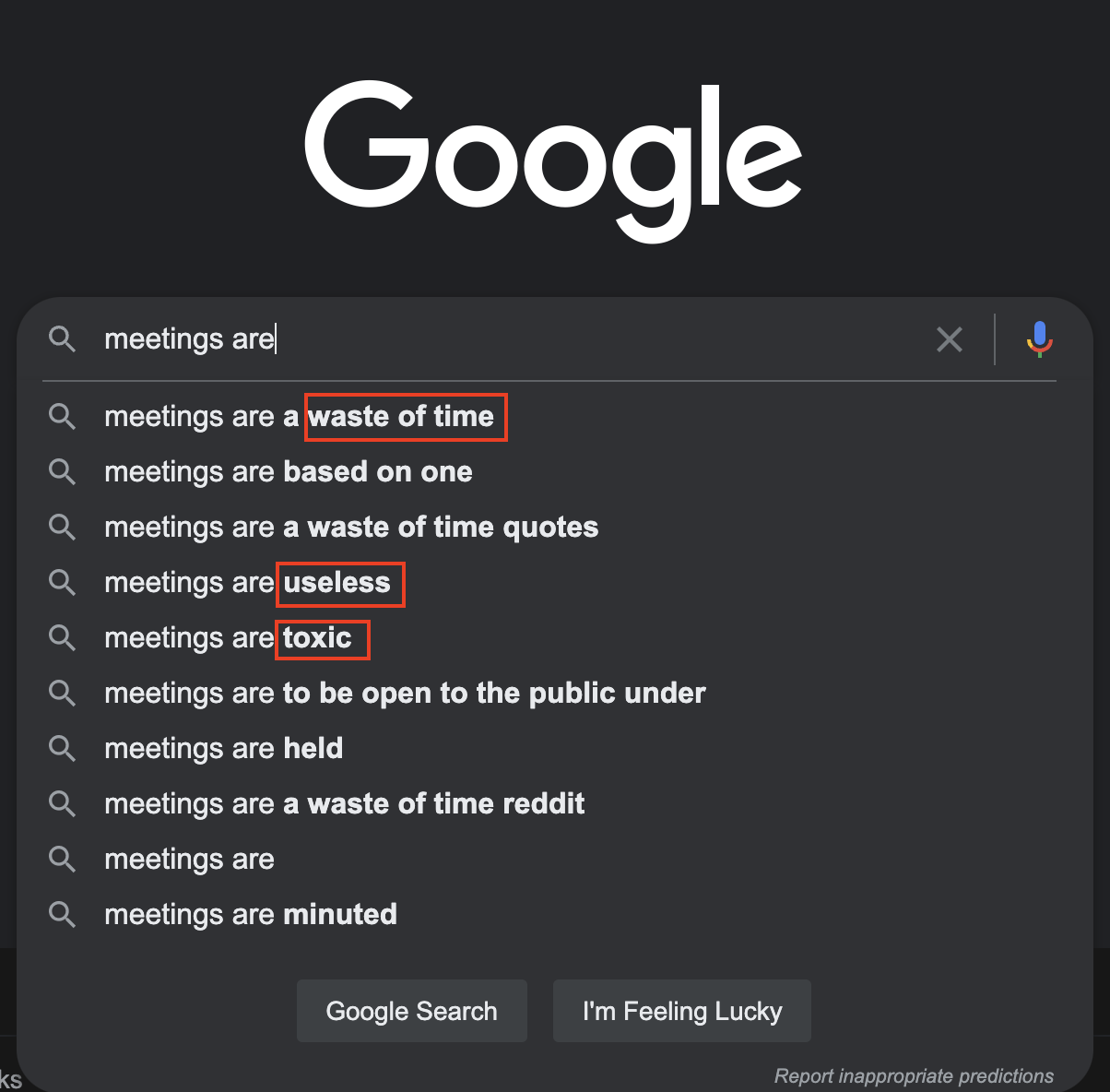 Google search results for "meetings" are