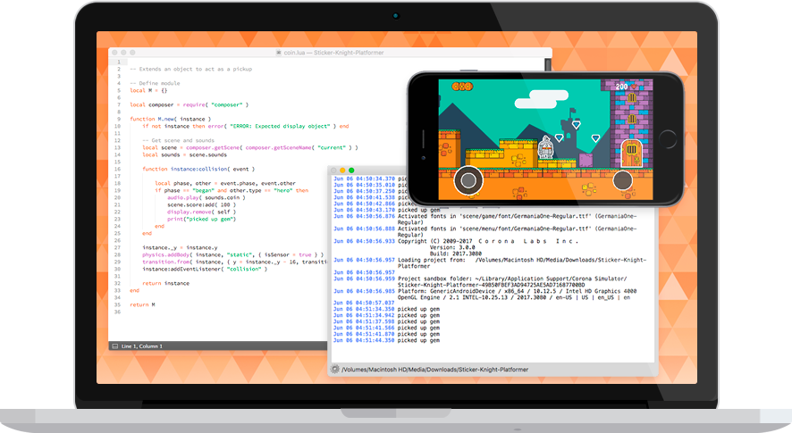 A graphic of a laptop screen displaying code and a smartphone displaying a mobile game. 
