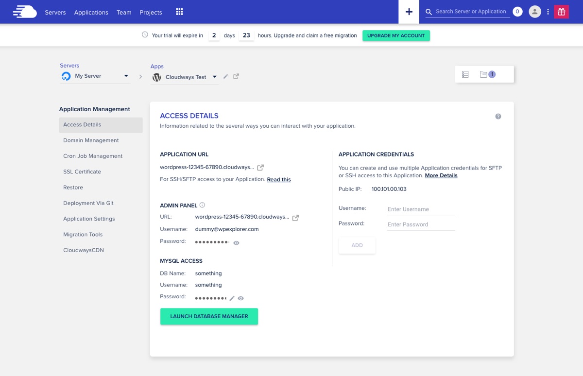 Detalhes do aplicativo Cloudways