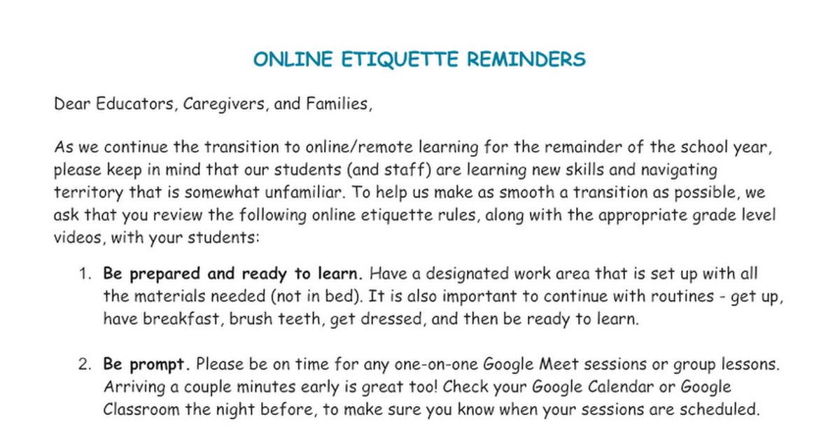 Online Etiquette Reminders - VCS Elementary