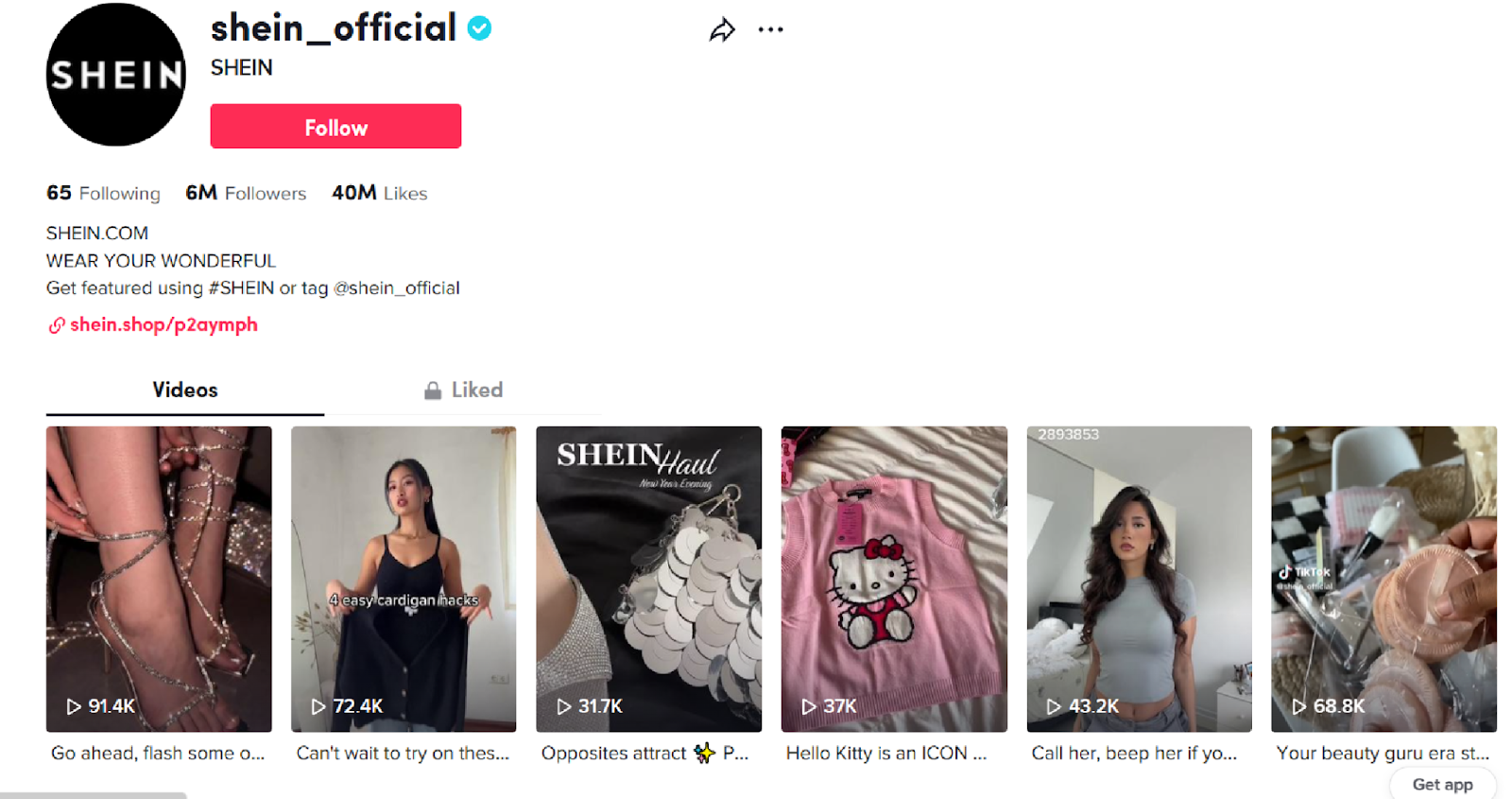 The fantastic TikTok page of SHEIN filled with user-generated videos. This is a fantastic example of good content marketing.