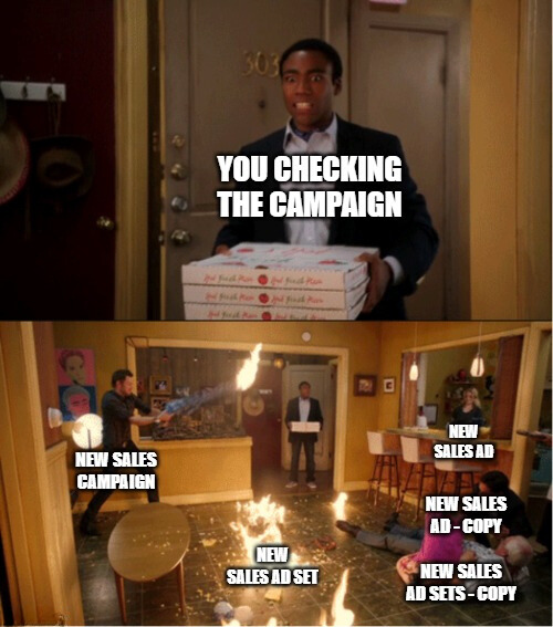 a pizza guy walking into a room burning with text to describe things