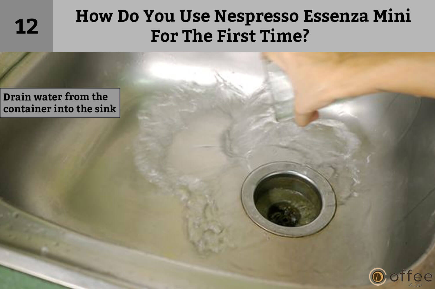 Twelth instruction of How Do You Use Nespresso Essenza Mini For The First Time? is Drain water from the container into the sink.