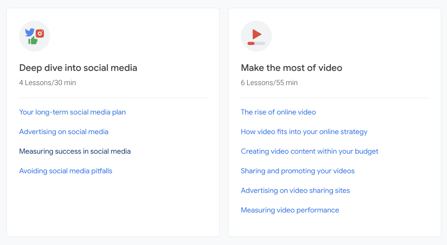 There are 4 lessons in the social media module and 6 lessons in the "make the most of video" one.