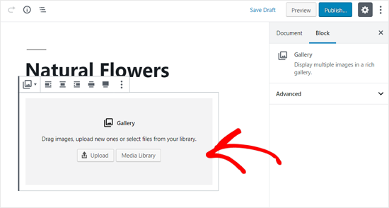 Opções de upload de imagem no bloco de galeria do WordPress