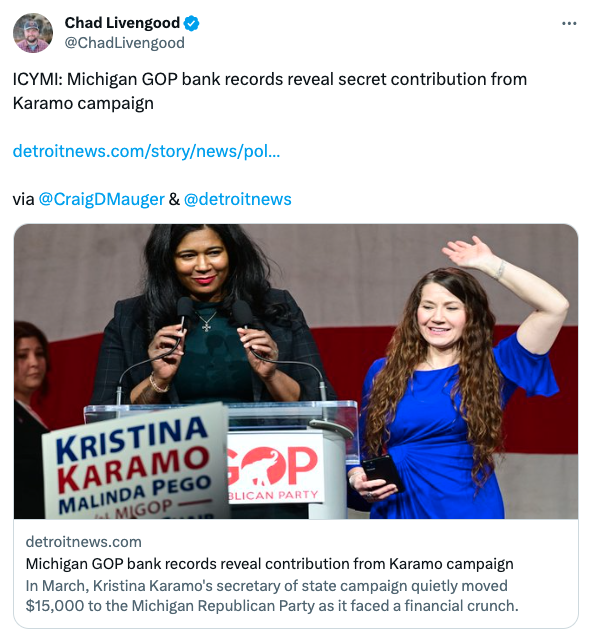 Chad Livengood tweet linking to Detroit News story about MIGOP bank records