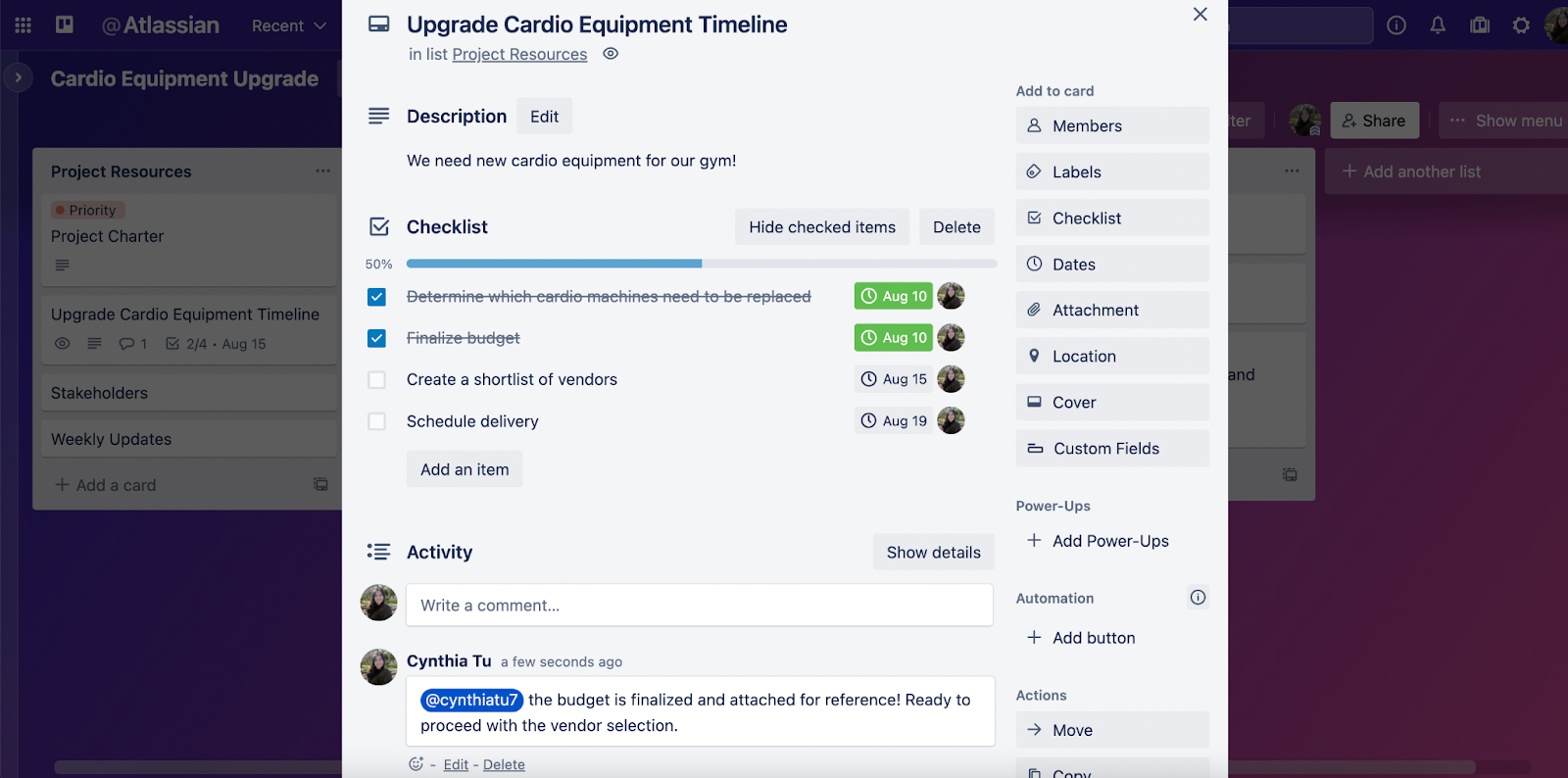 Screenshot of a Trello card with an advanced checklist, where an employee left project updates for a team member