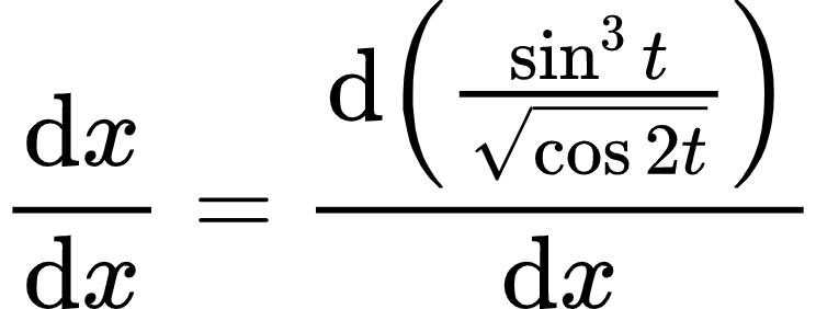 {"id":"6-1-1-3-0","type":"align*","font":{"color":null,"size":10,"family":"Arial"},"code":"\\begin{align*}\n{\\diff{x}{x}}&={\\diff{\\left(\\frac{\\sin^{3}t}{{\\sqrt[]{\\cos2t}}}\\right)}{x}}\t\n\\end{align*}","ts":1598690650564,"cs":"iwrCOCINfEwPnuupcw6luw==","size":{"width":124,"height":46}}