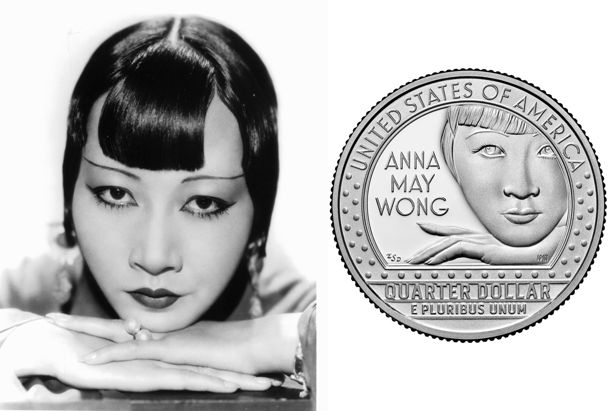 Left: Anna May Wong’s publicity portrait for the film “Limehouse Blues,” 1934. Paramount via VCG; Right: A new US quarter dollar is seen featuring Anna May Wong, the first Chinese American film star in Hollywood. U.S. Mint via VCG