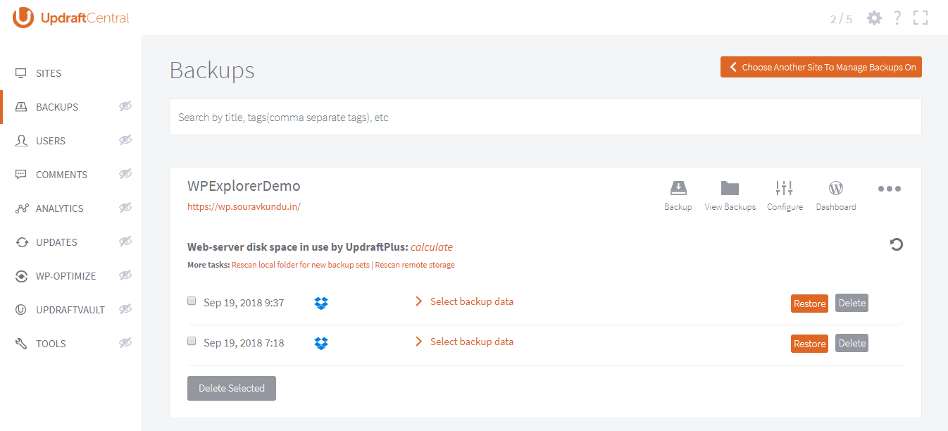 UpdraftCentral Cloud - 4 Ver Backups do Site