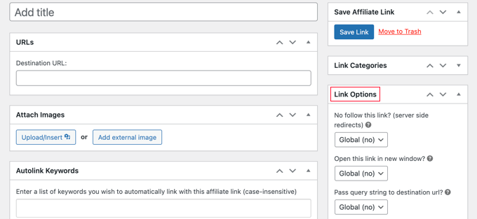 Configurando as opções para seu link de afiliado com ThirstyAffiliates