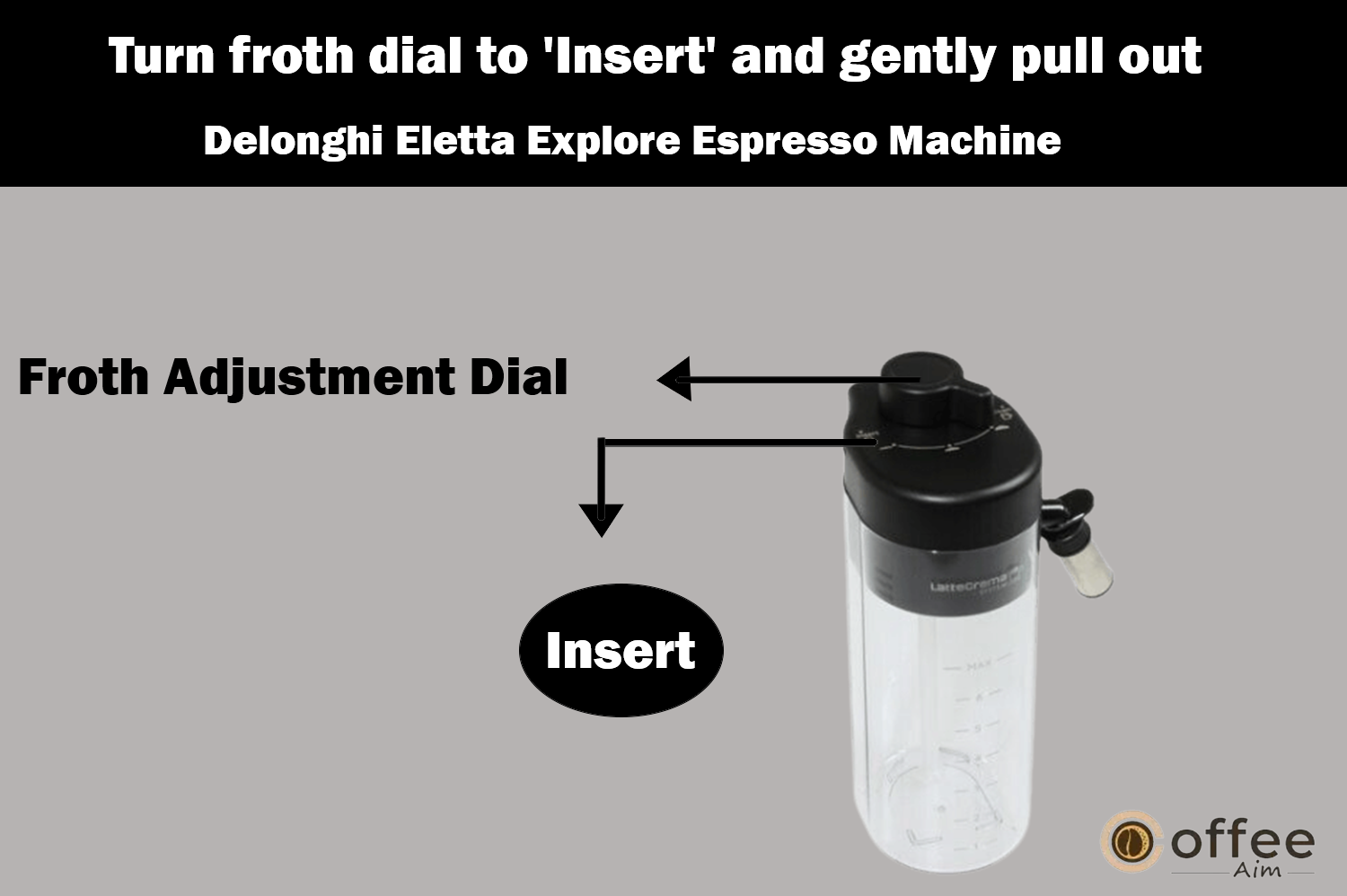 The image illustrates the action of turning the froth dial to the 'insert' position and gently pulling it out from the 
