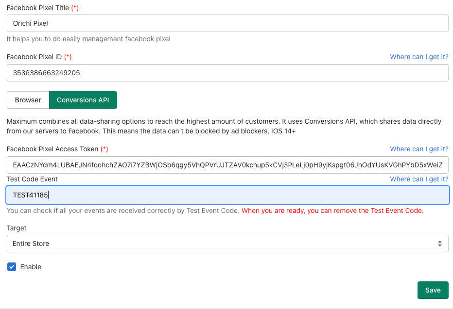  how to test Facebook Pixel Conversion API