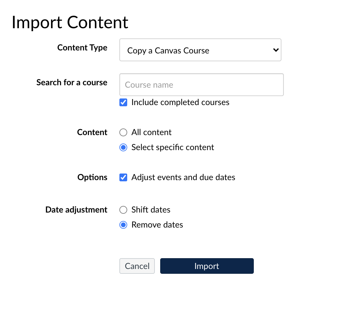 Screenshot of the import content options with the recommended options selected.