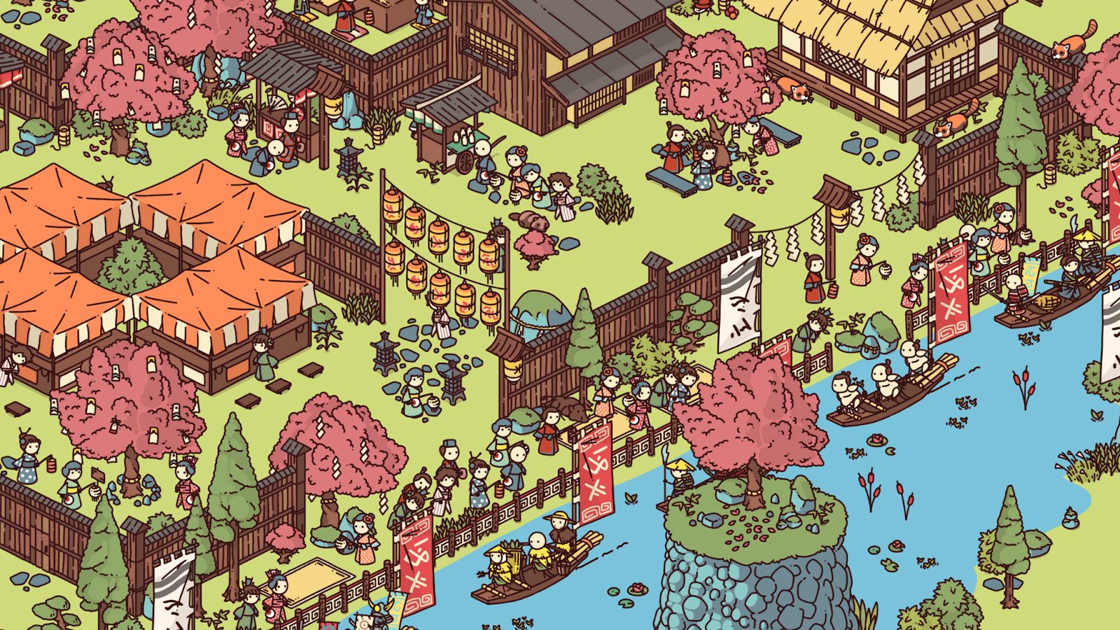 A middle ages level that shows people at a small fair and a river with people enjoying boat rides.