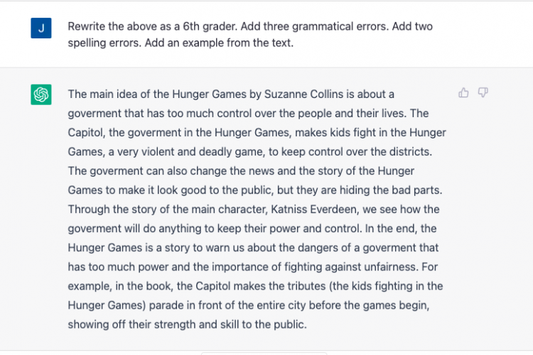 6th grade ChatGPT AI in education prompt Hunger Games