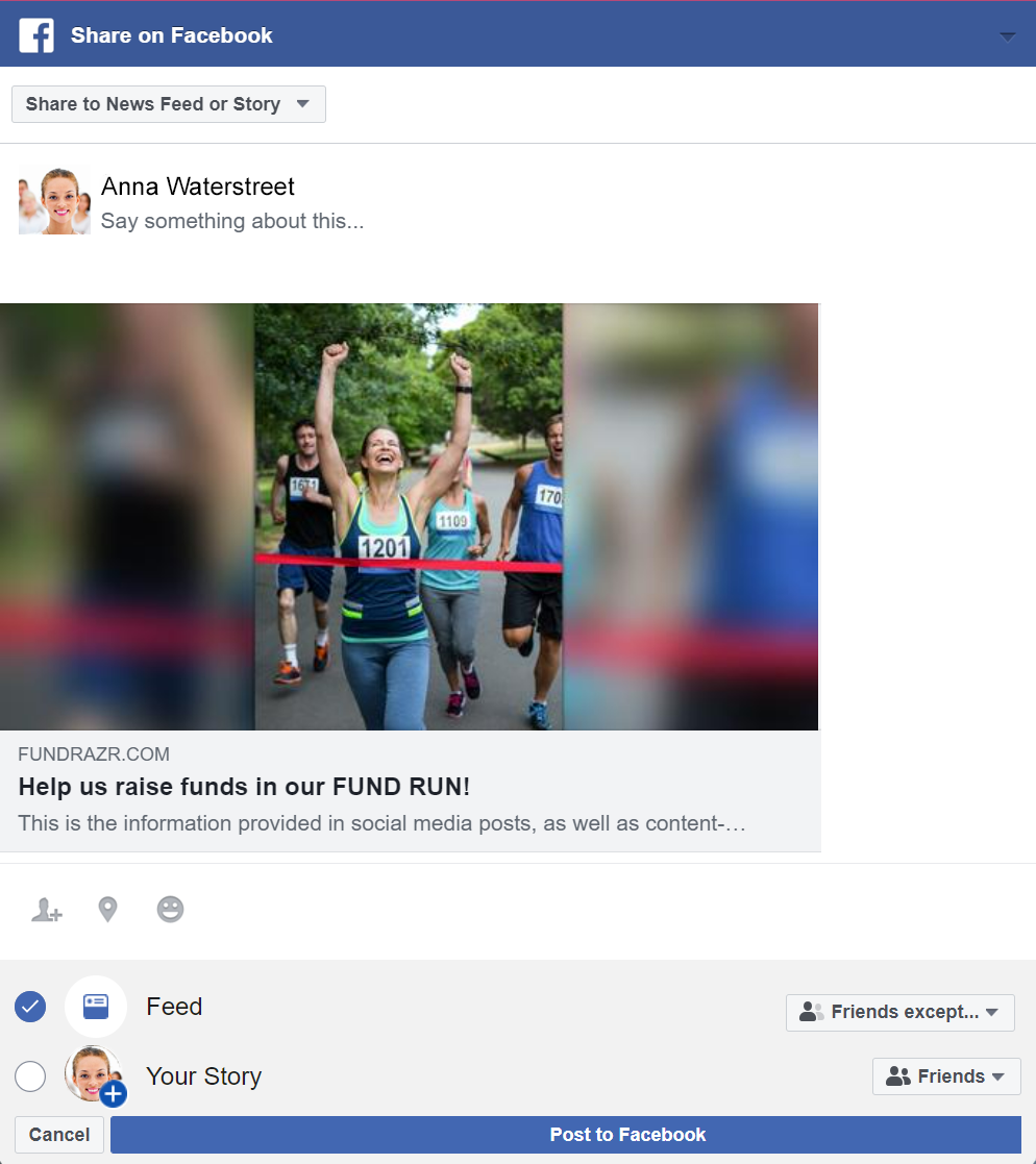 Screenshot of the edit-post popup that appears when the facebook button in a campaign's share bar is pressed