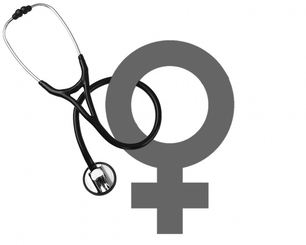 female symbol with stethoscope looped through the circle to the symbol's left. 