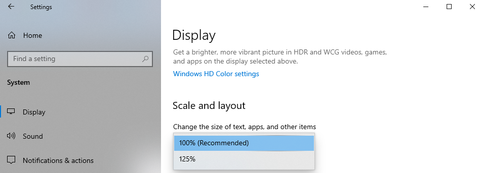 Turn off scaling by slecting the size of text, apps, and other items to be 100% in the drop down menu.
