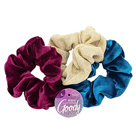 GOODY Holiday Ball Scrunchies Assorted, Hair Accessories for Men, Women, Boys & Girls to Style with Ease & Keep Your Hair Secured for All Hair Types, Burgundy, Gold, Green, 3 Count