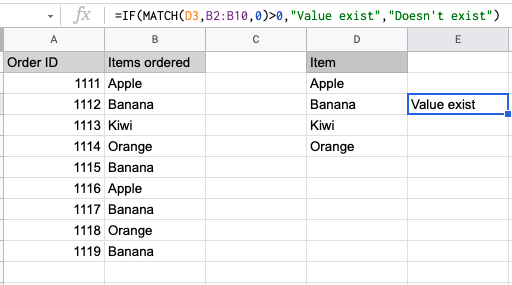 Google Sheets check if value exists in range example