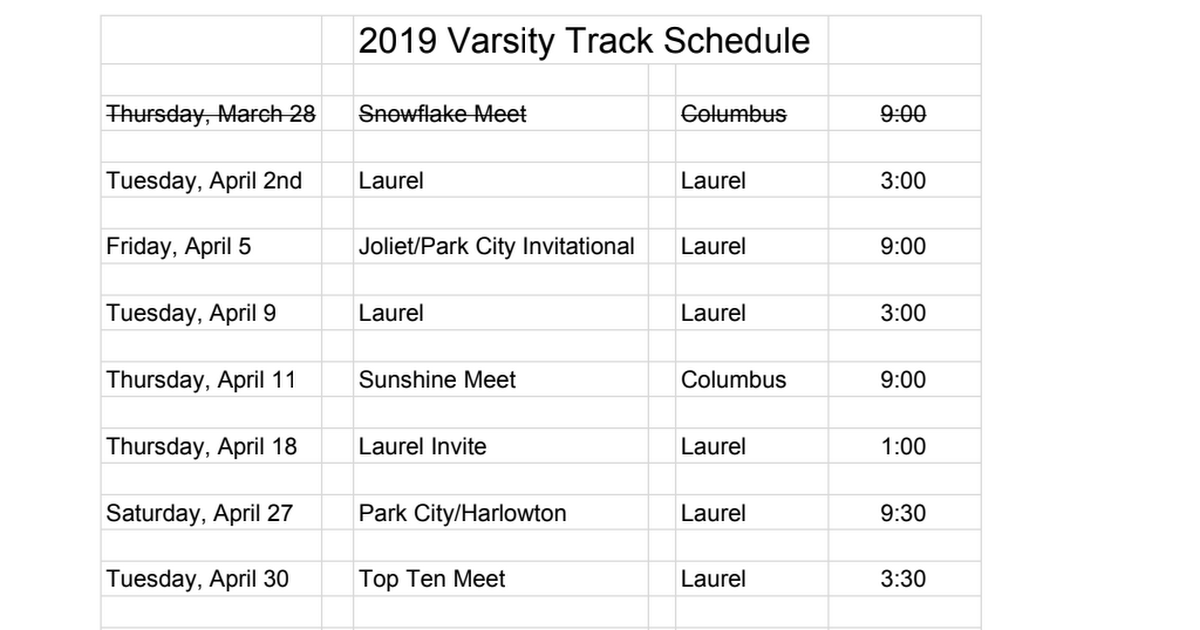 2019 High School Track Schedule Google Sheets