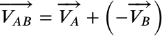 <math xmlns="http://www.w3.org/1998/Math/MathML" display="block" data-is-equatio="1" data-latex="\overrightarrow{V_{AB}}=\overrightarrow{V_{A}}+\left( -\overrightarrow{V_{B}}\right) "><mover><msub><mi>V</mi><mrow data-mjx-texclass="ORD"><mi>A</mi><mi>B</mi></mrow></msub><mo>→</mo></mover><mo>=</mo><mover><msub><mi>V</mi><mrow data-mjx-texclass="ORD"><mi>A</mi></mrow></msub><mo>→</mo></mover><mo>+</mo><mrow data-mjx-texclass="INNER"><mo data-mjx-texclass="OPEN">(</mo><mo>−</mo><mover><msub><mi>V</mi><mrow data-mjx-texclass="ORD"><mi>B</mi></mrow></msub><mo>→</mo></mover><mo data-mjx-texclass="CLOSE">)</mo></mrow></math>