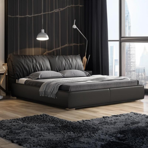 A black queen bed frame crafted with leatherette uphosltery and a soft cushion headboard.
